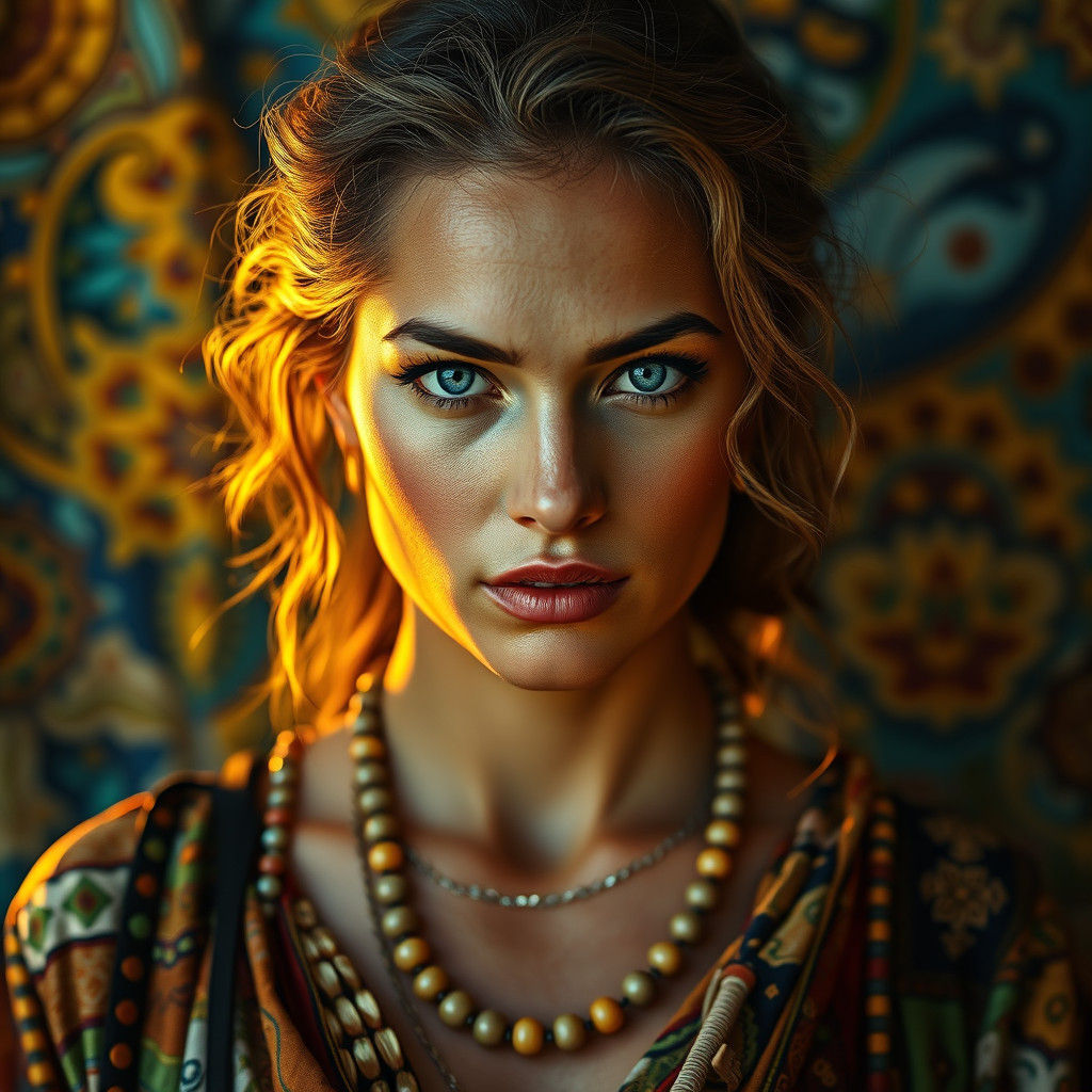 Resilient Woman with Indigo Eyes in Golden Light