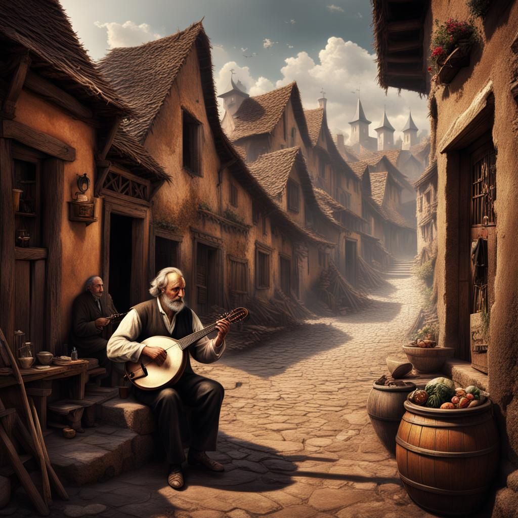 Man Playing Mandolin in Old World Village