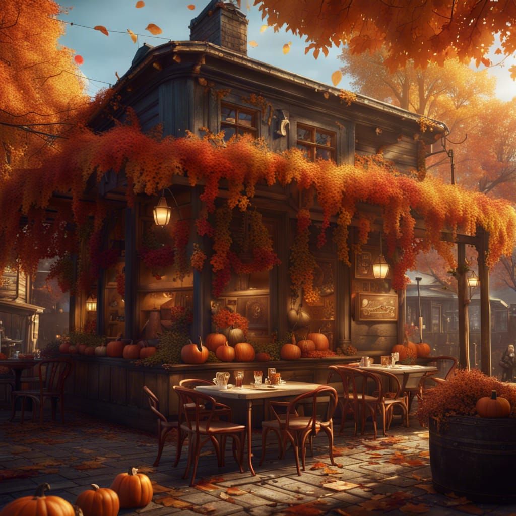 Cozy Autumn Cafe with Cat: Detailed Matte Painting