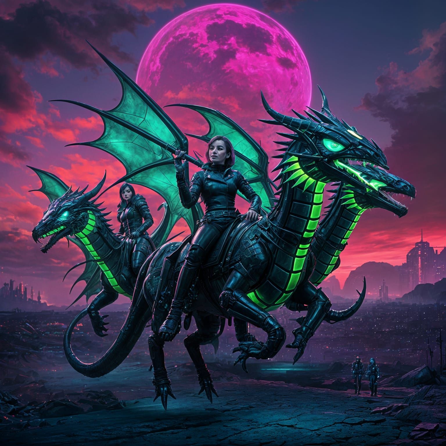 Cyberpunk Hunters Ride Electric Dragons in Neon City