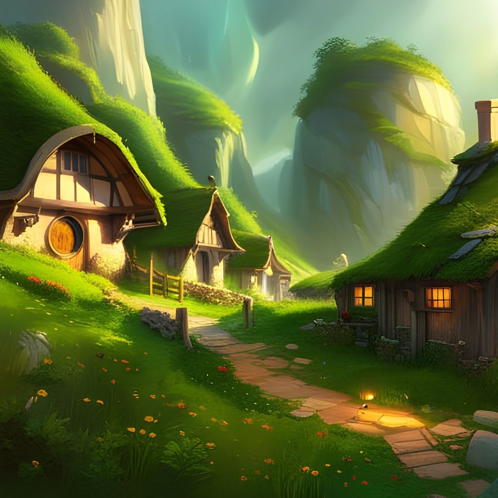 Charming Hobbit Village Scene in Detailed Fantasy Art