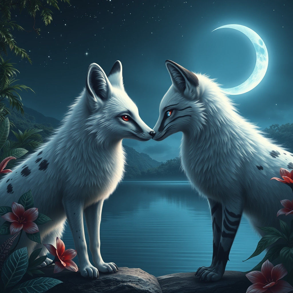 Moonlit Foxes in Fantasy Landscape, Matte Painting