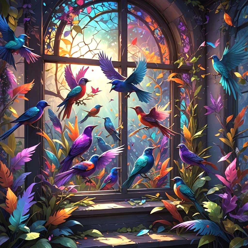 Colorful Birds Dancing at Window: Fantasy Concept Art