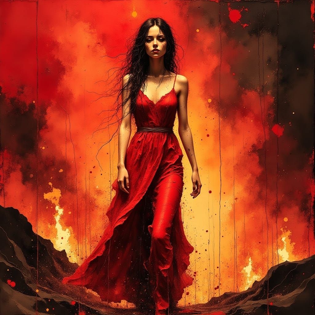 Fiery Red Gown in a Raging Inferno