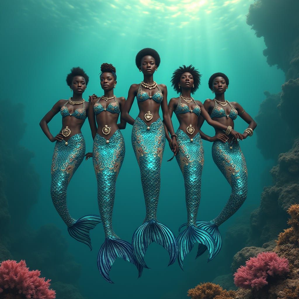 African Mermaids in Vibrant Tribal Shells and Pearls Swim Am...