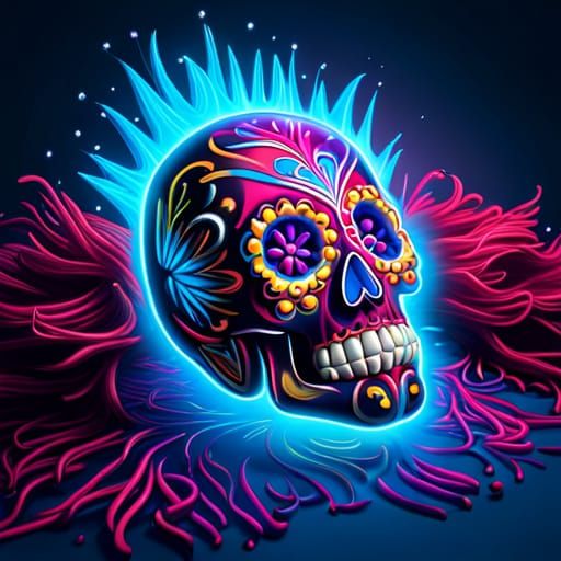 Neon Sugar Skull Splash Art in Vaporwave Style