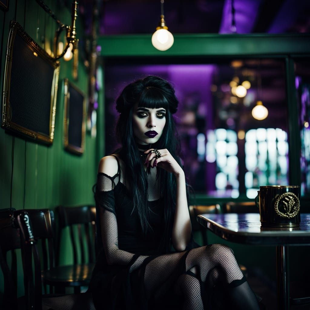 Gothic Fashion Model in Moody Coffee Shop