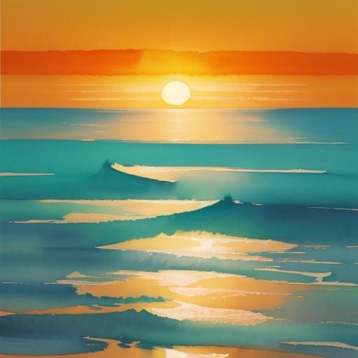 Turquoise Sea and Orange Sun in Impressionist Style