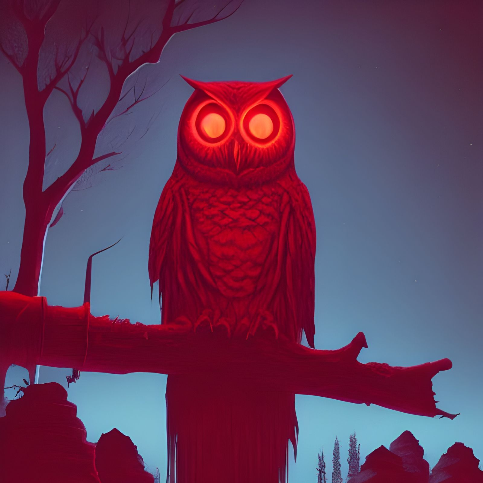 Glowing Red Haunted Owl in Photorealistic Style