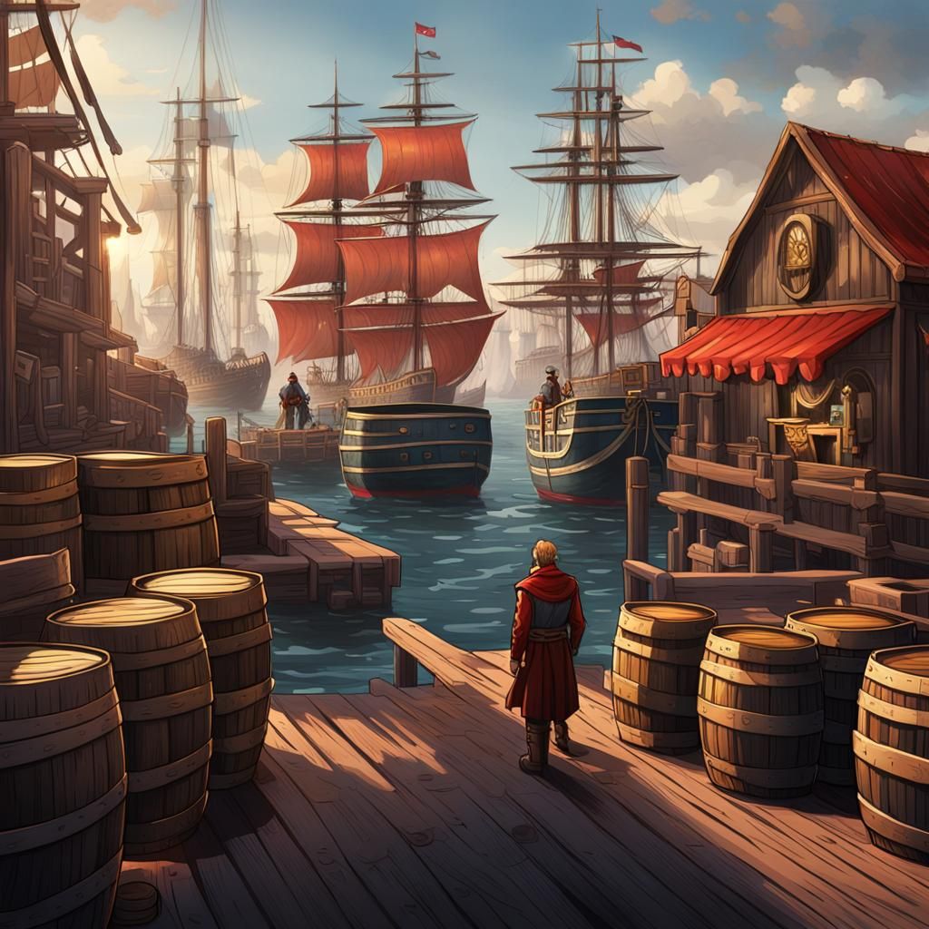 Coastal City Harbor with Tall Ships: 2D Cartoon