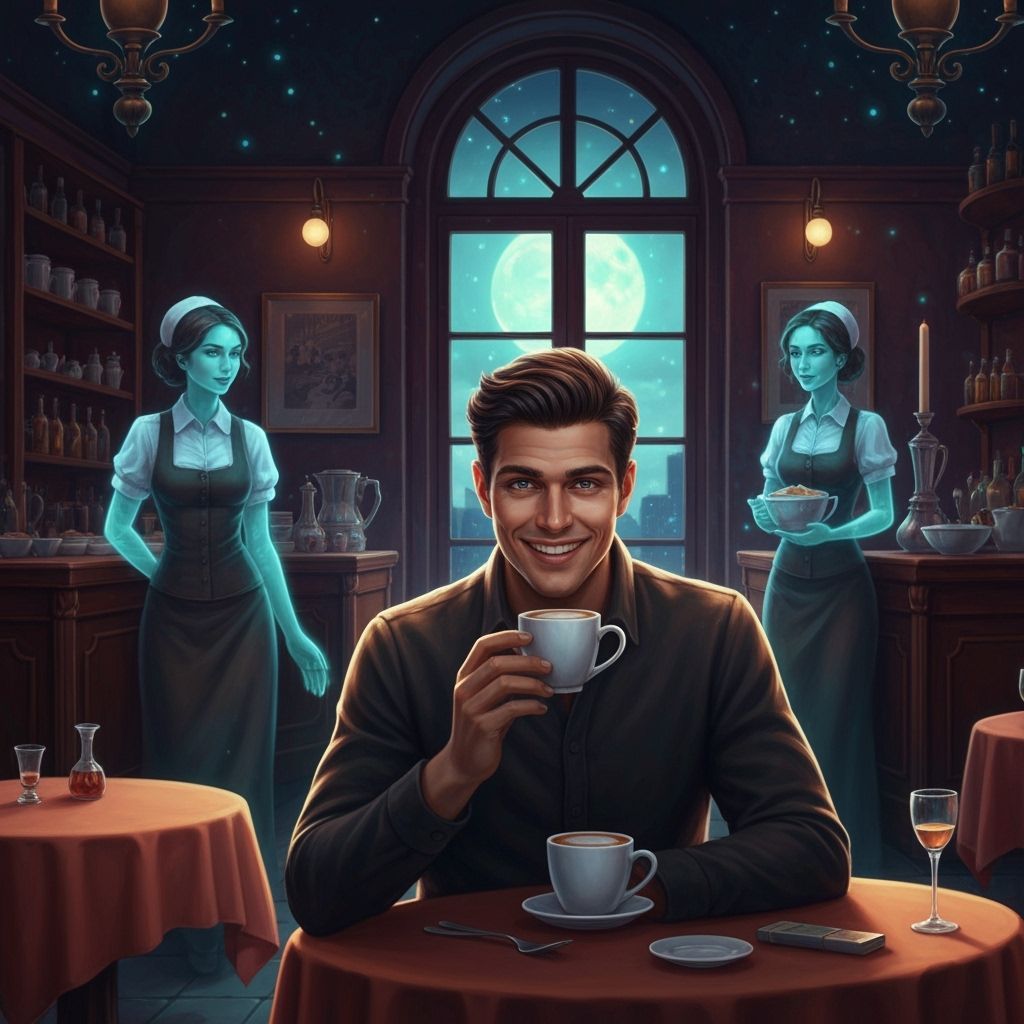 Eerie Moonlit Cafe with Ghostly Baristas