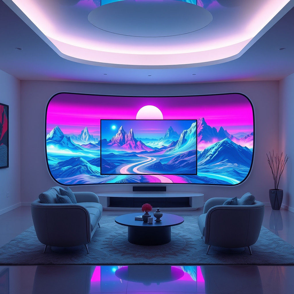 Futuristic Holographic TV in Cyberpunk Living Room