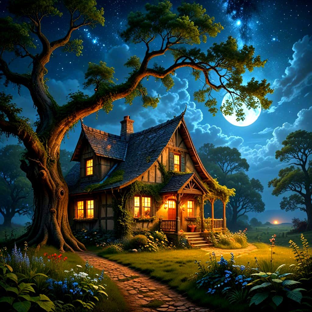 Ethereal Woodland Cottage Under Starlit Sky