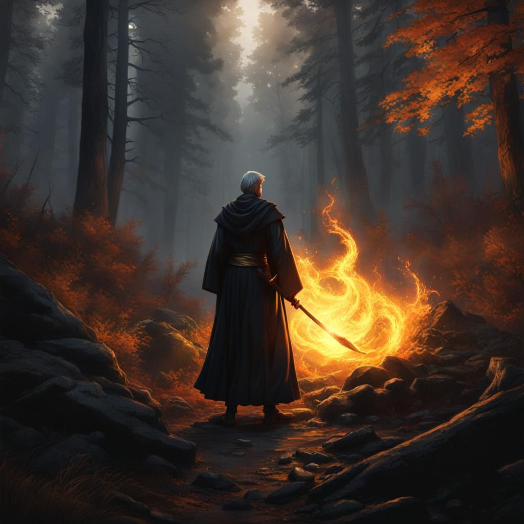 Mage Casting Fireball in Dark Forest