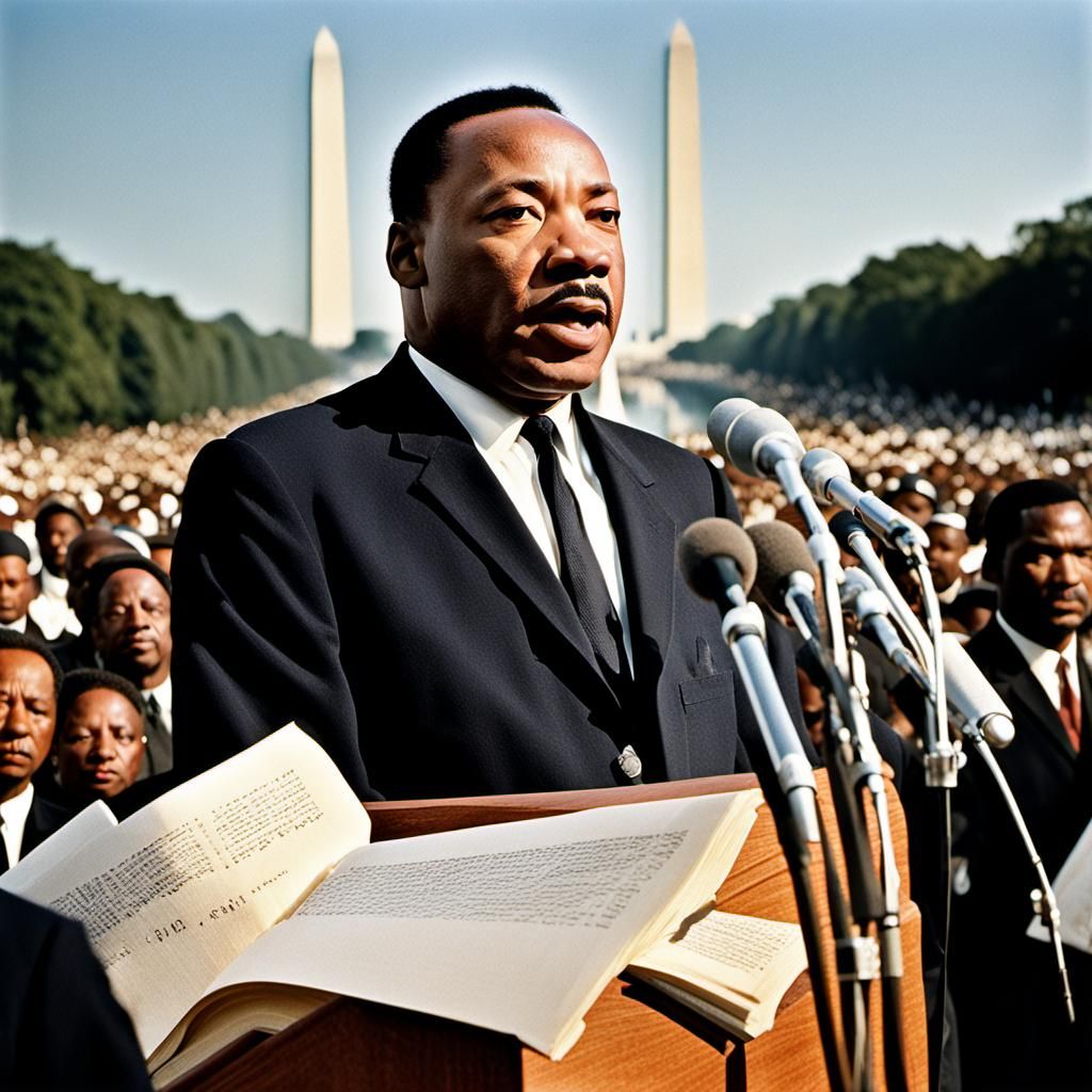 a portrait of Martin Luther King Jr. delivering his famous "...