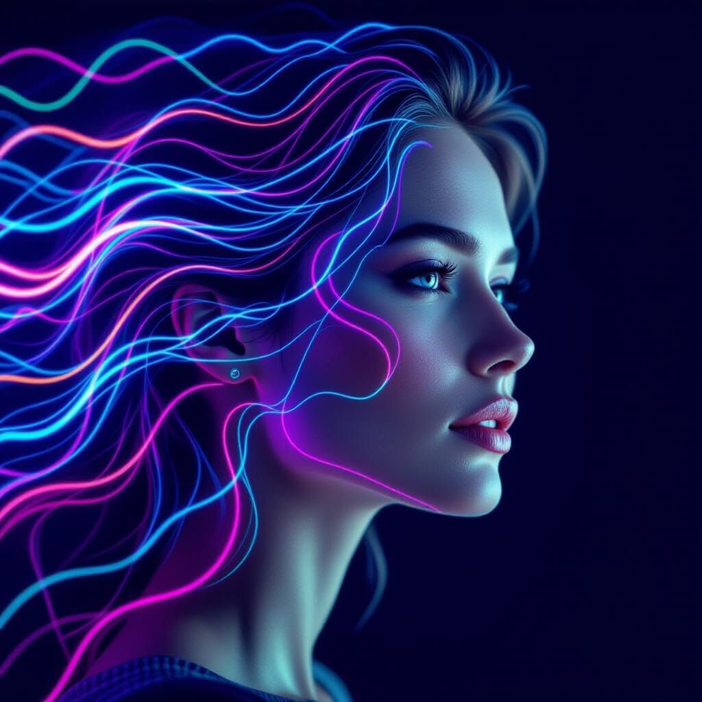 Ethereal Woman Portrait with Neon Light Trails