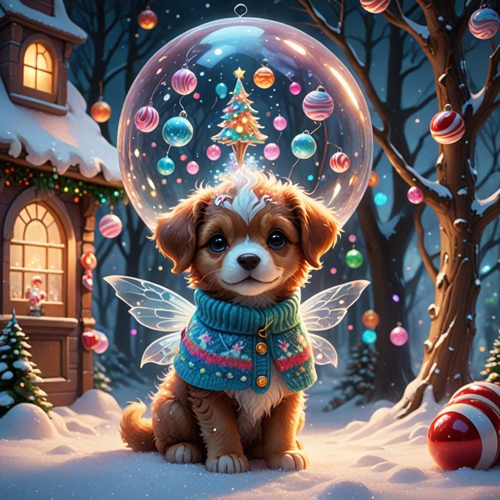 Glowing Glass Christmas Fairy Plays with Kittens in Vibrant...