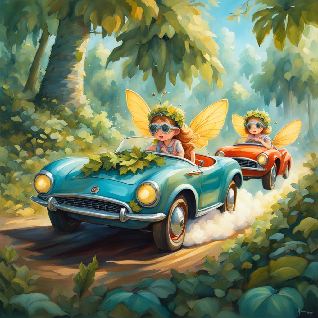 Fairies Racing Cars in Watercolor Illustration