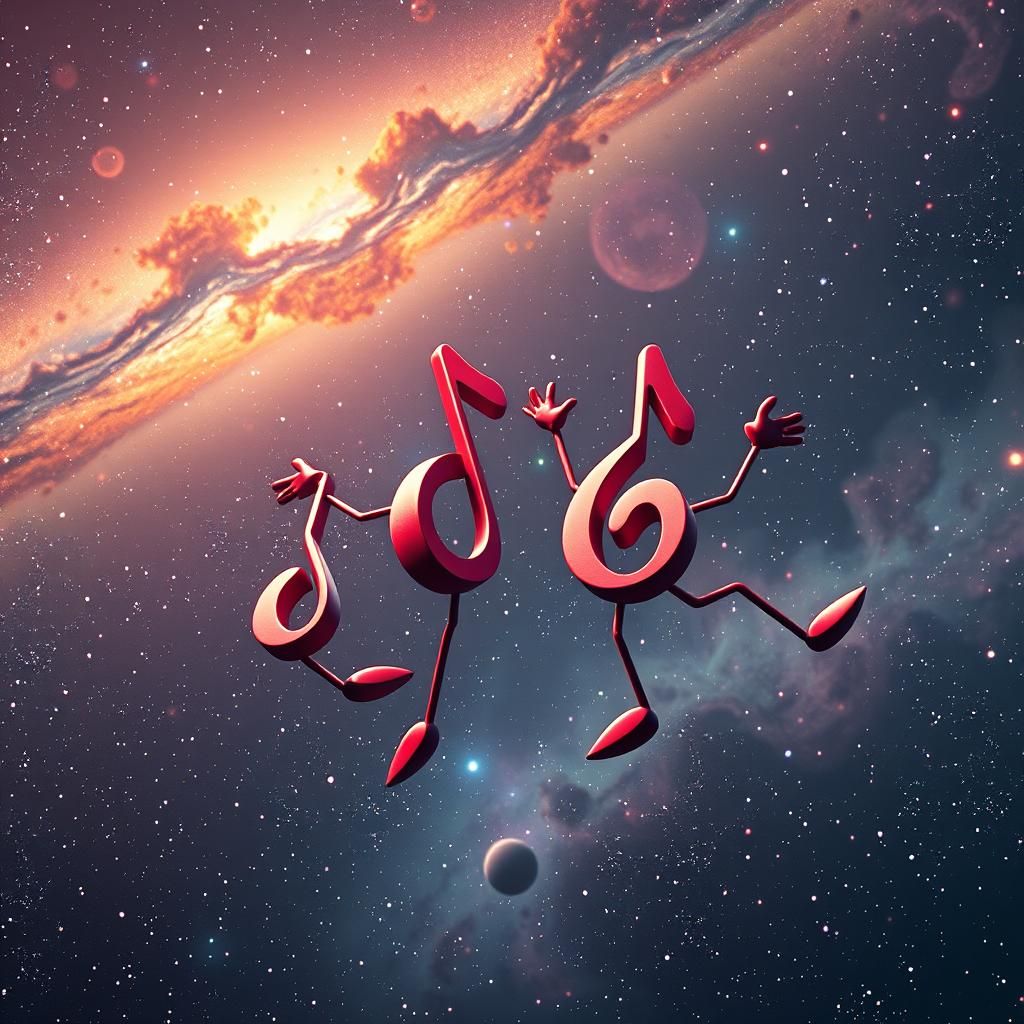 Dancing Musical Notes in Space Galaxy, 3D Render