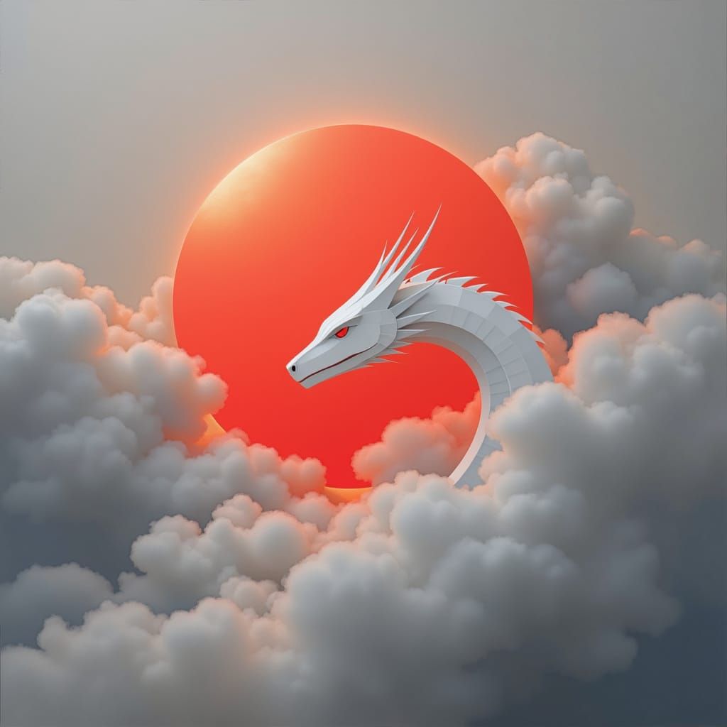 Majestic White Dragon Against Fiery Red Sun