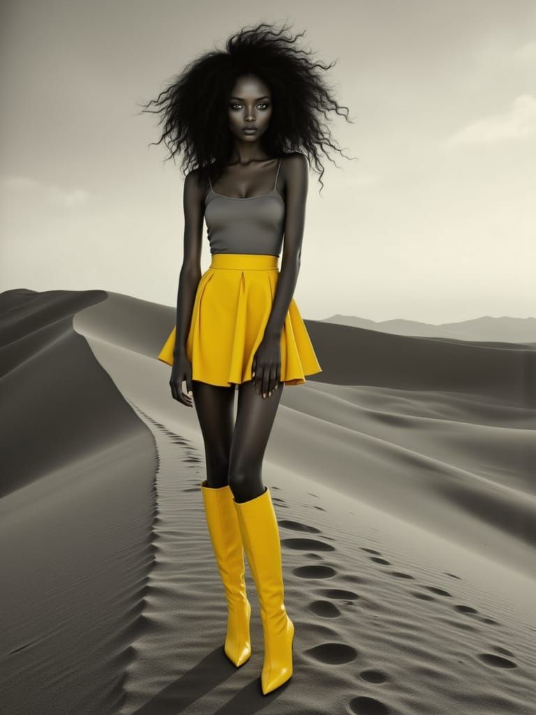 Surrealism in Moody Sands: Serene Woman in Yellow