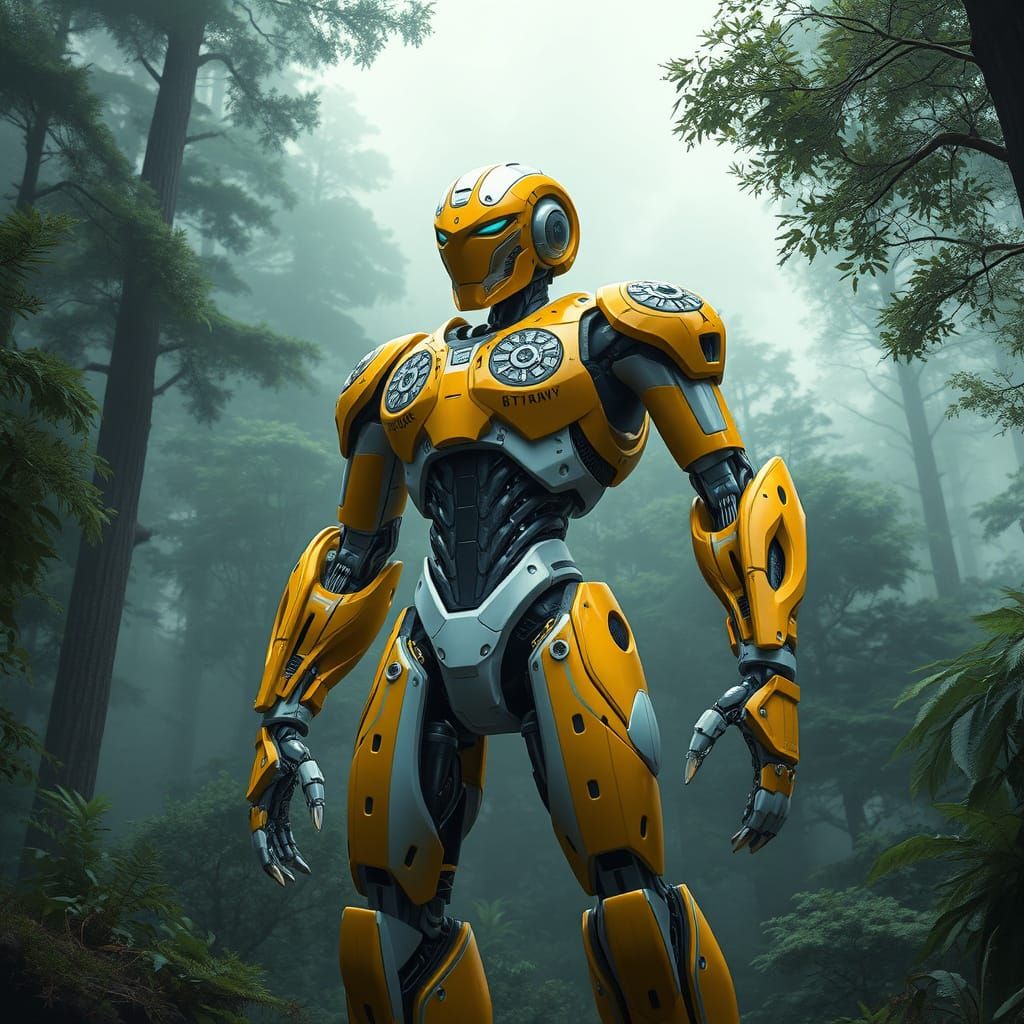Heroic Yellow Robot Towers Over Lush Green Forest