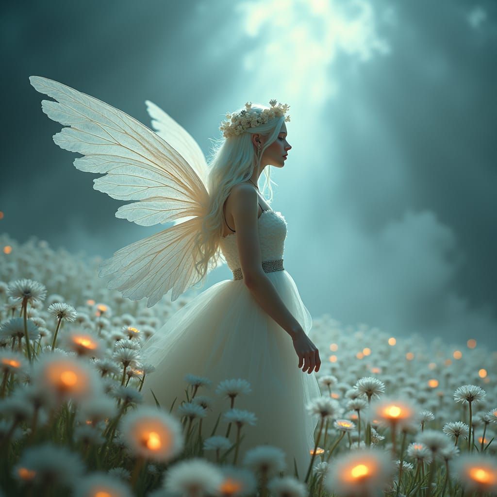 Ethereal Fairy in Dreamscape with Flowers and Clouds