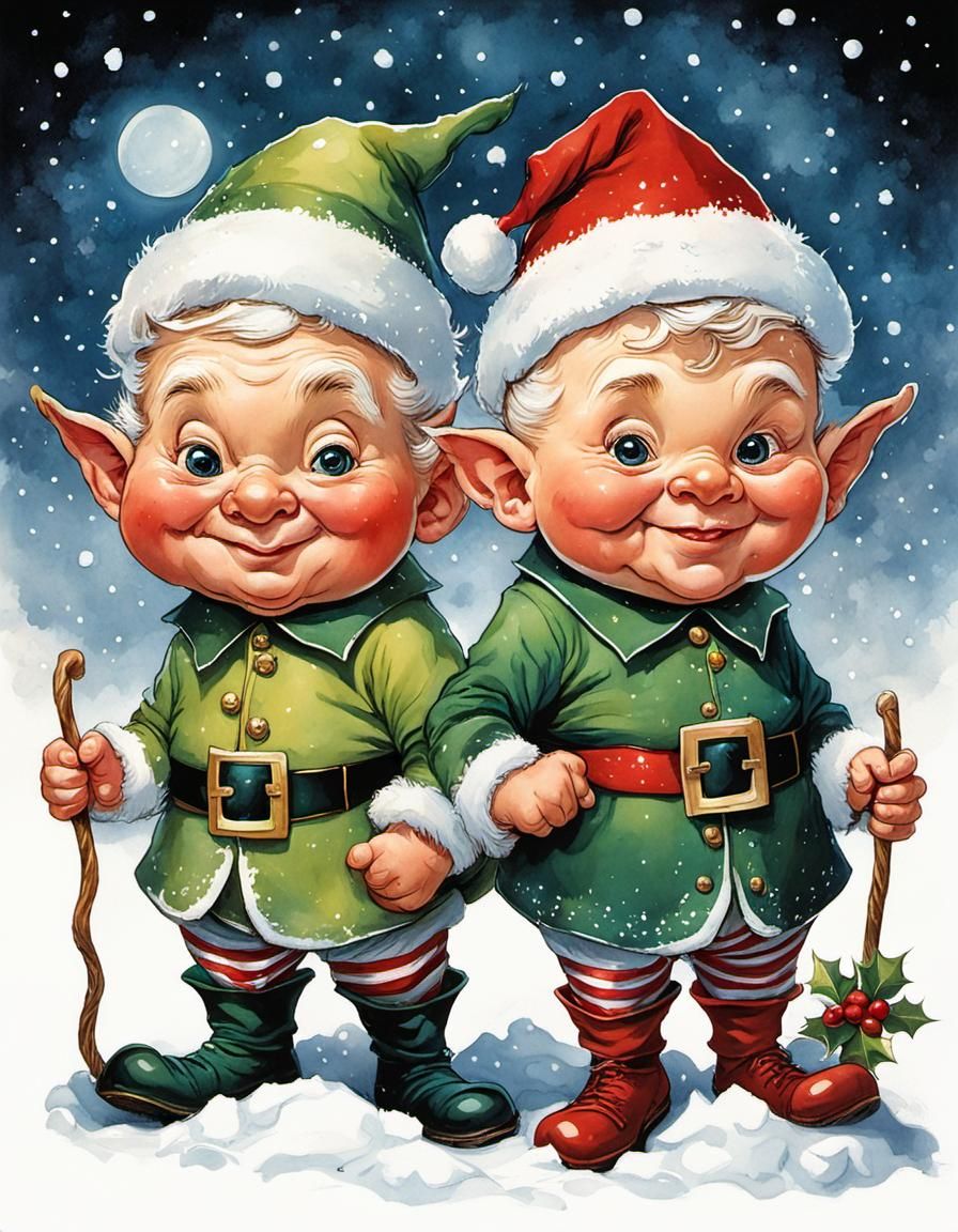wacky caricatures :: two Christmas festively, dressed chubby...