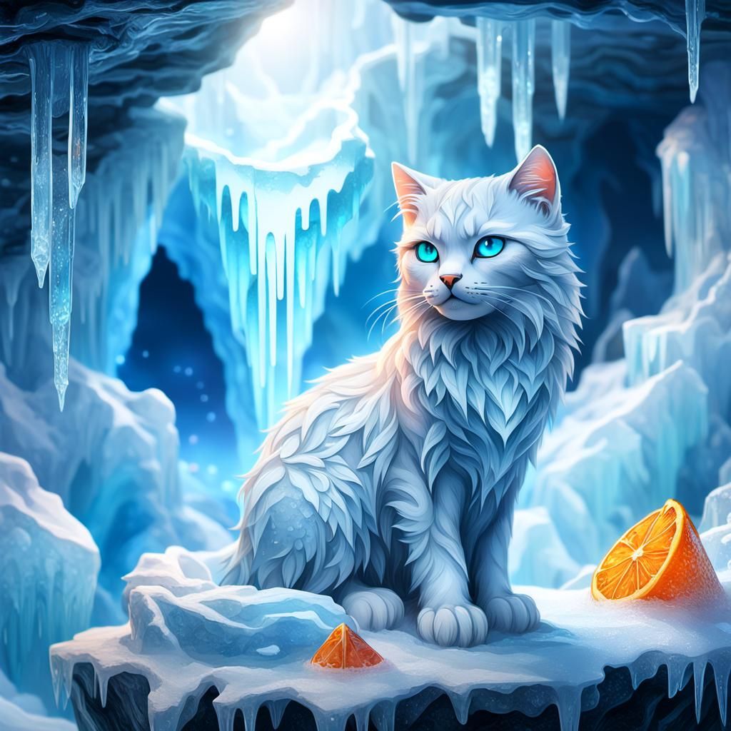 Mystical Ice Cat in Fantasy Ice Cave