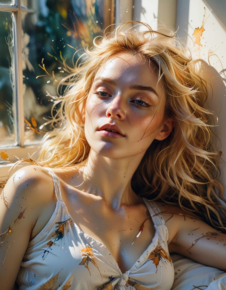 Blonde Woman Reclining in Sunlight: Watercolor Painting