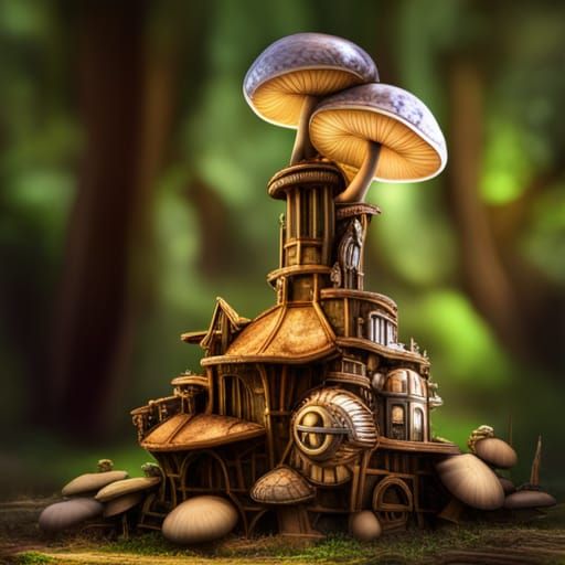 Luminous Mushroom Castle with Steampunk Engine