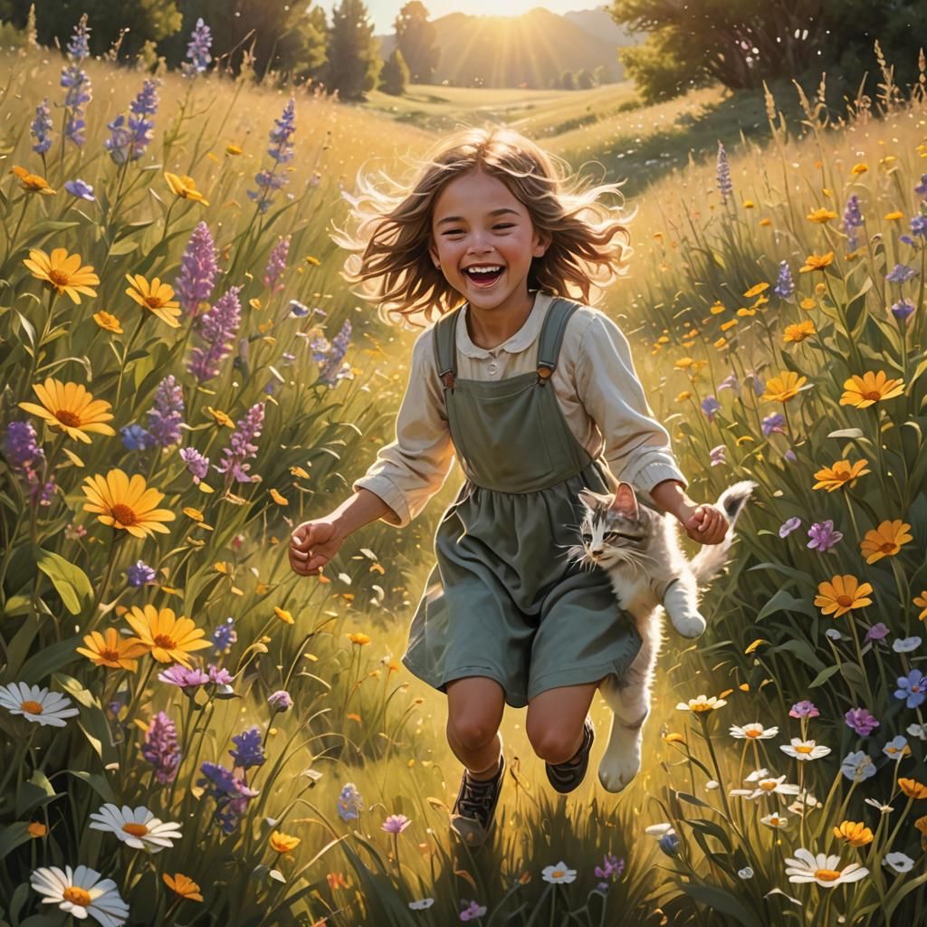 Girl and Kitten in Wildflower Field: Storybook Illustration