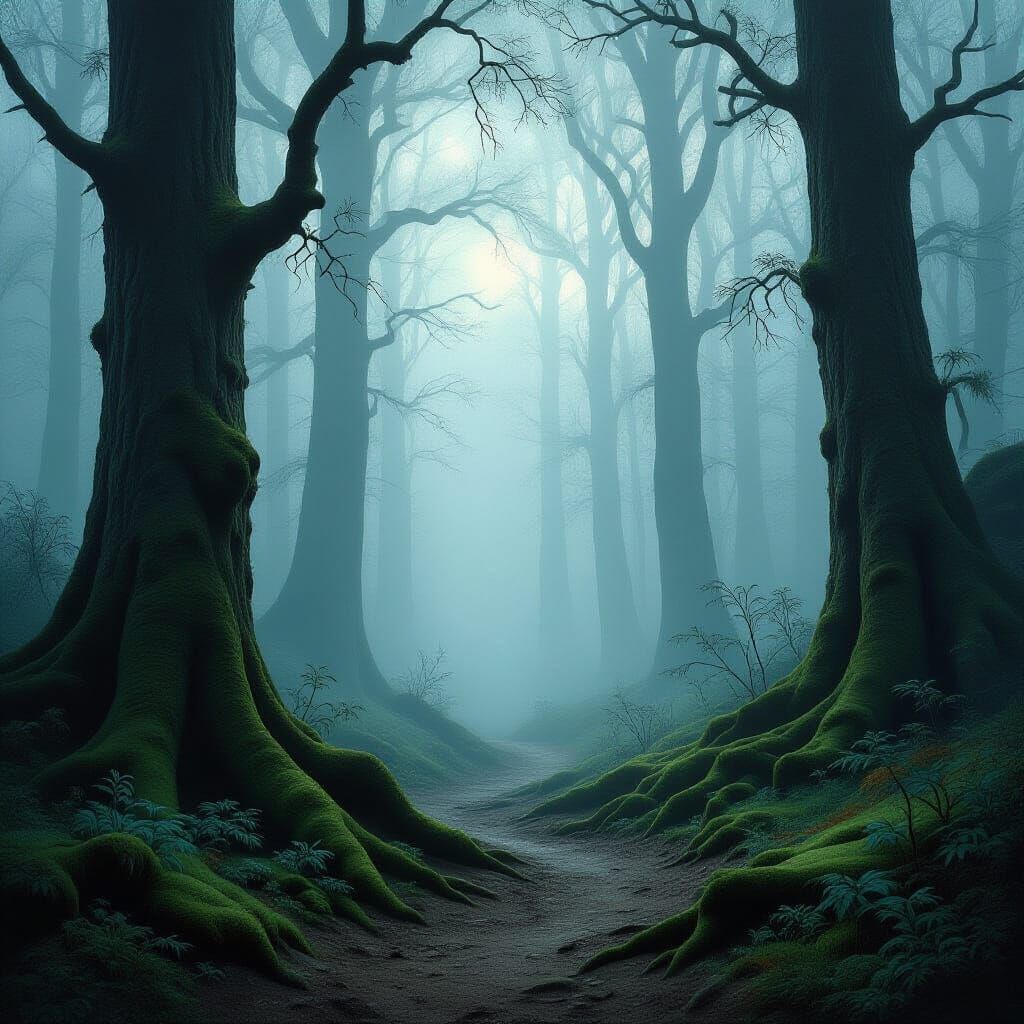 Mystical Foggy Forest with Ethereal Mist and Soft Light