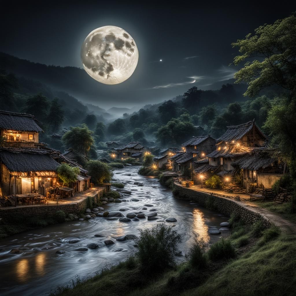 Hyperrealistic Village Scene with River and Full Moon