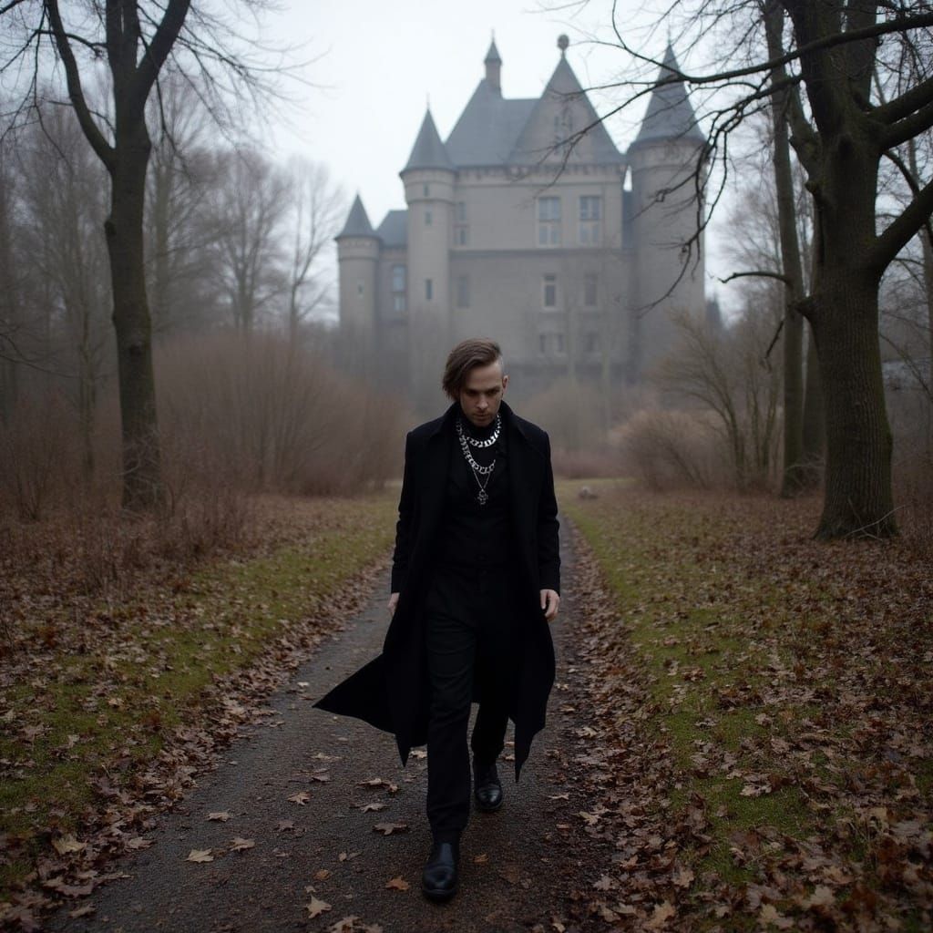 Gothic Vampire in Desolate Forest with Castle