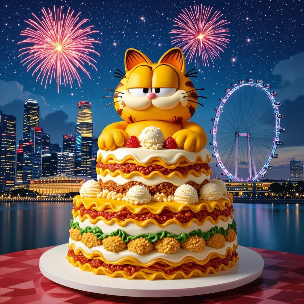 Hyperrealistic Garfield Cake with Fireworks