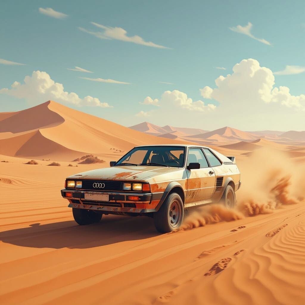 Audi Quattro Rally Car in Futuristic Desert Landscape
