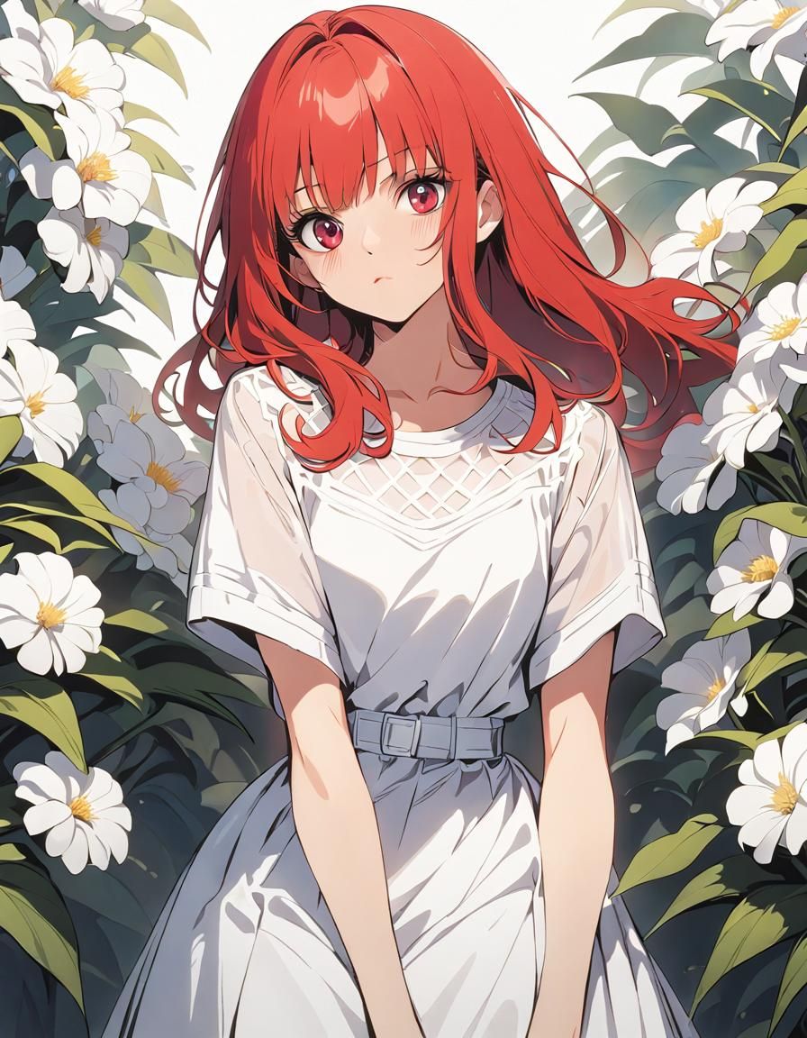 Anime Girl with Red Hair and White Flowers