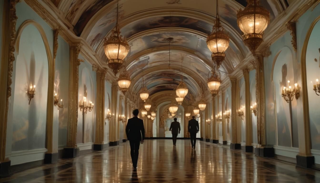 Surreal Hallway with Chandeliers in Oil Painting Style