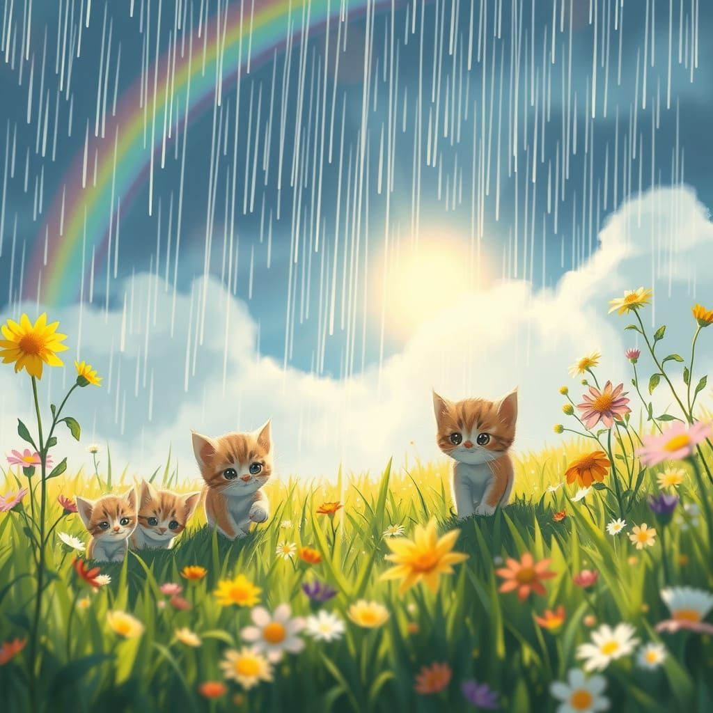 Kittens Play in Rainy Meadow: Ghibli-esque Scene