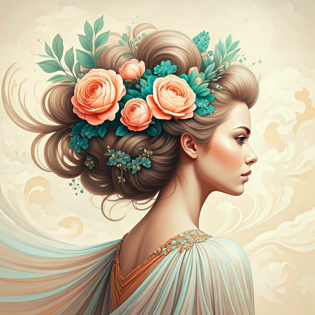 Ethereal Woman with Floral Hairstyle in Oil Painting