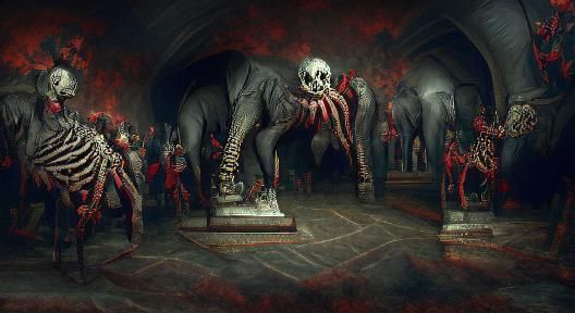 Demonic Elephant Skeleton in Sinister Circus, 1780s Style