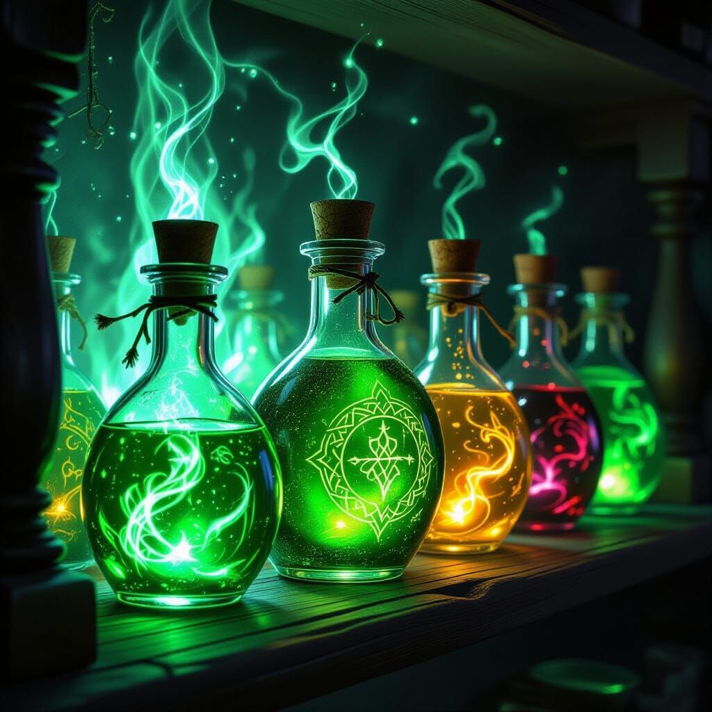 Glowing Emerald Potions on Shelf, Fantasy Concept Art