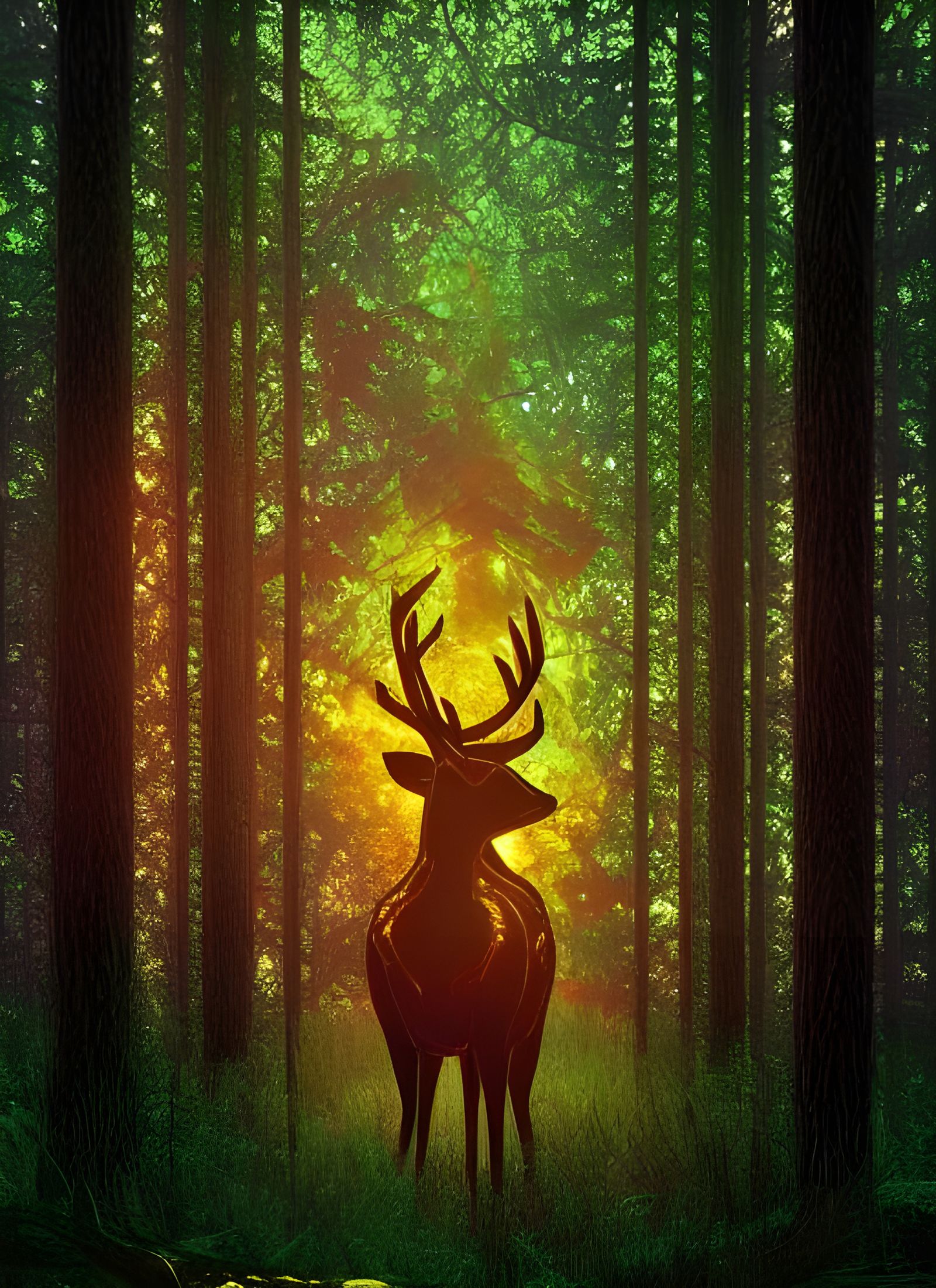 Stained Glass Deer in Forest, 3D Digital Art
