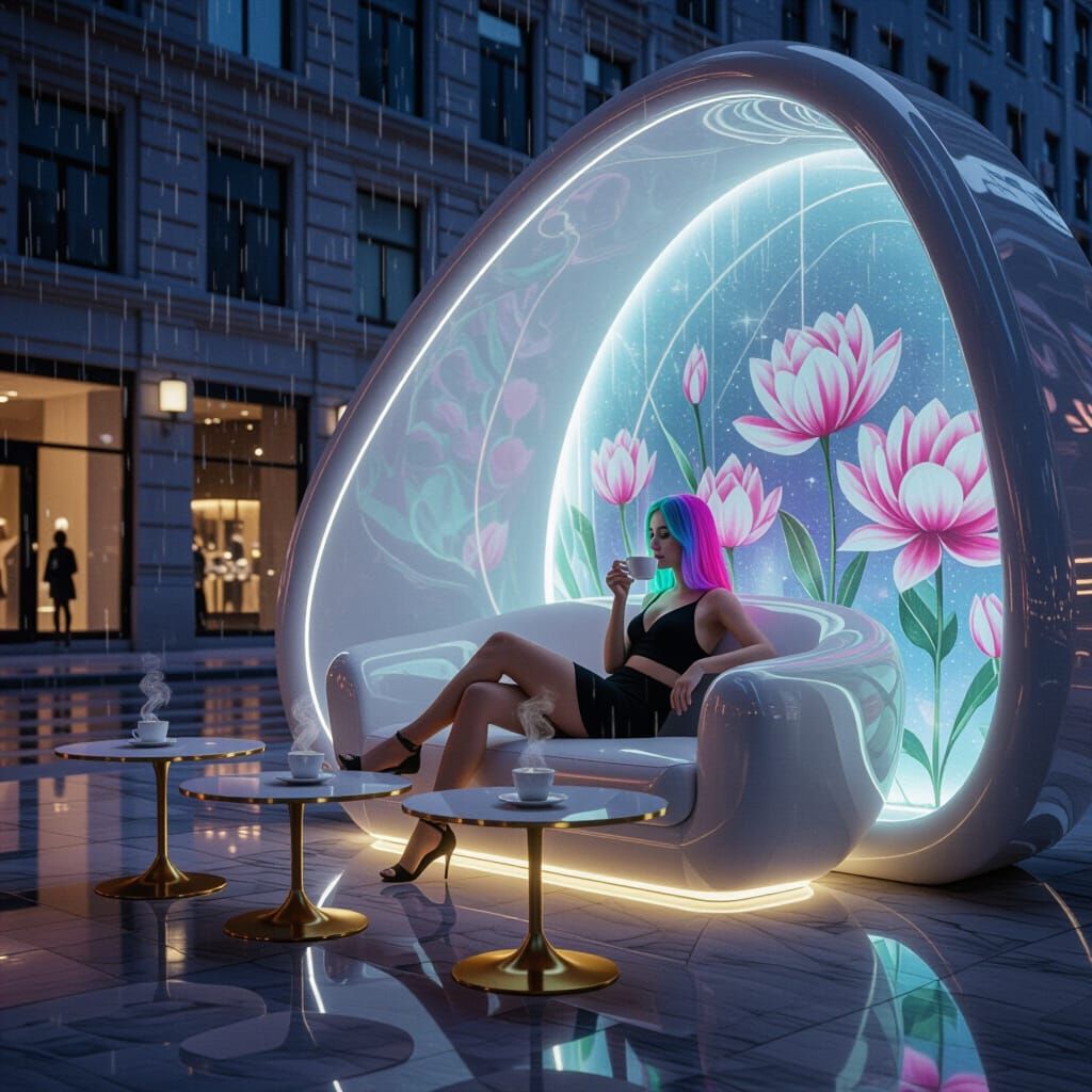 Futuristic Pavilion on Rainy Night With Neon-Haired Woman