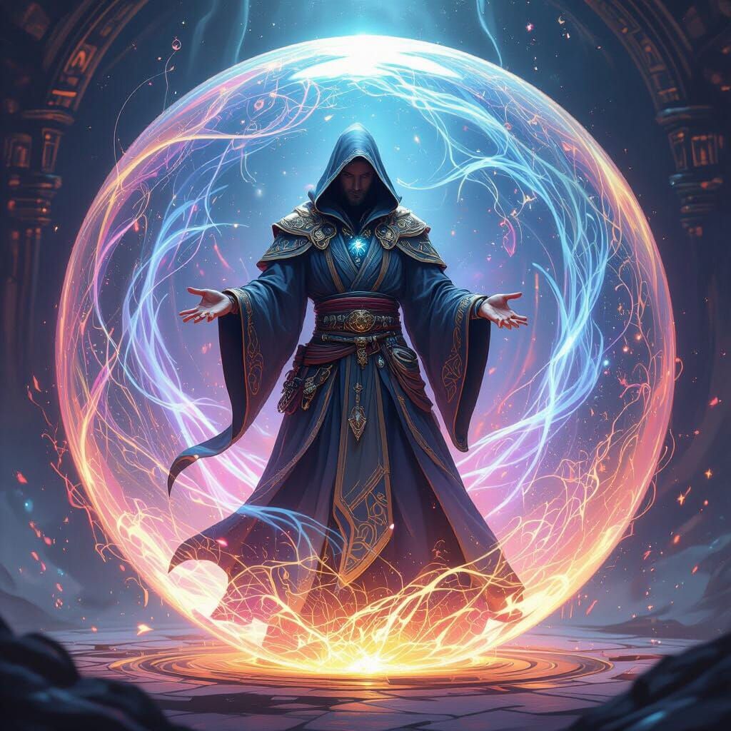 Sorcerer in Magical Orb: Futuristic Medieval Style