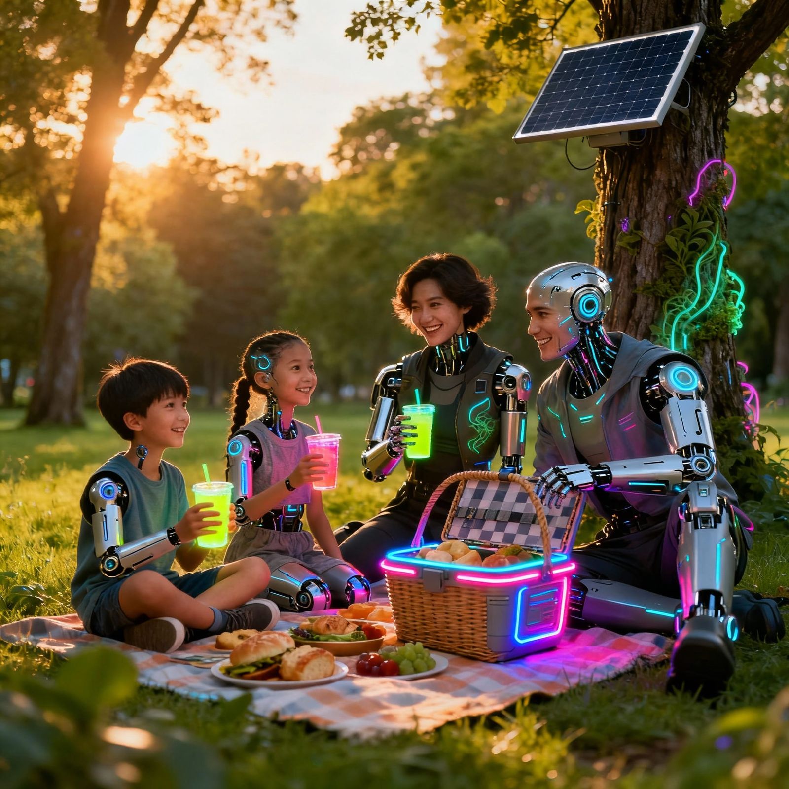 Futuristic Cyborg Family Picnic in Sunny Forest