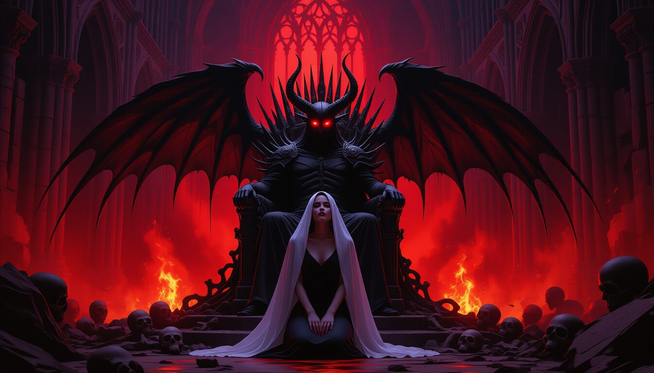 Demonic Figure in Gothic Cathedral Ruins