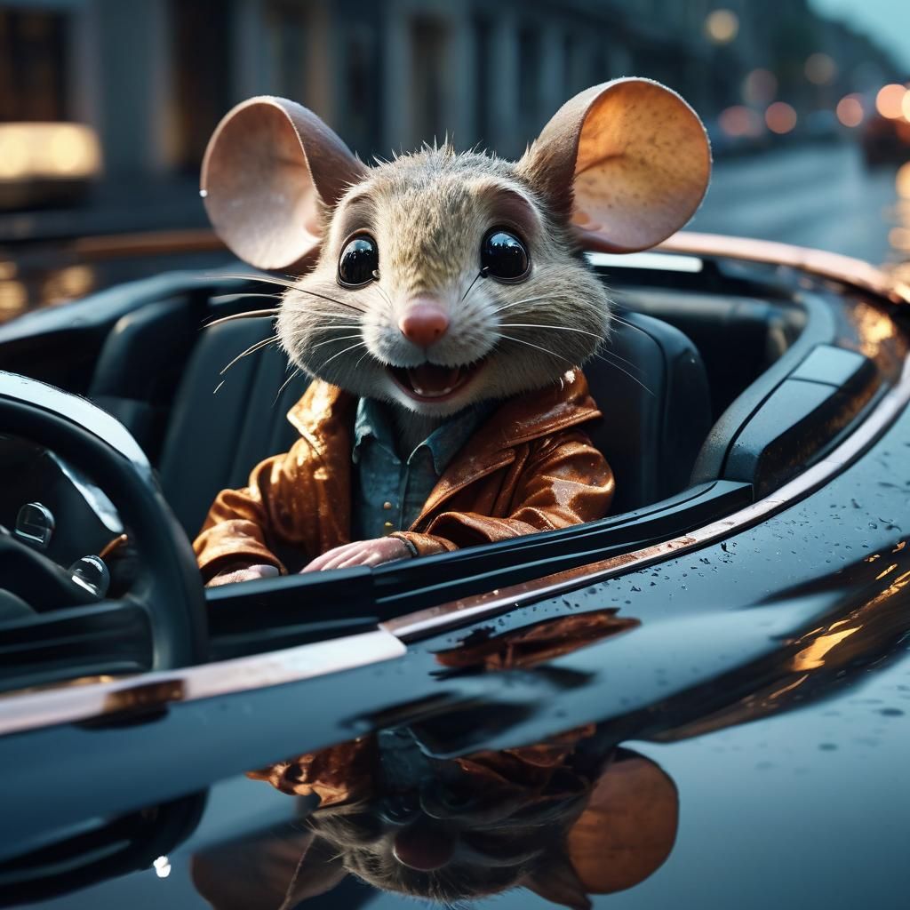 Mouse Driver in Copper Car, Cinematic Film Still