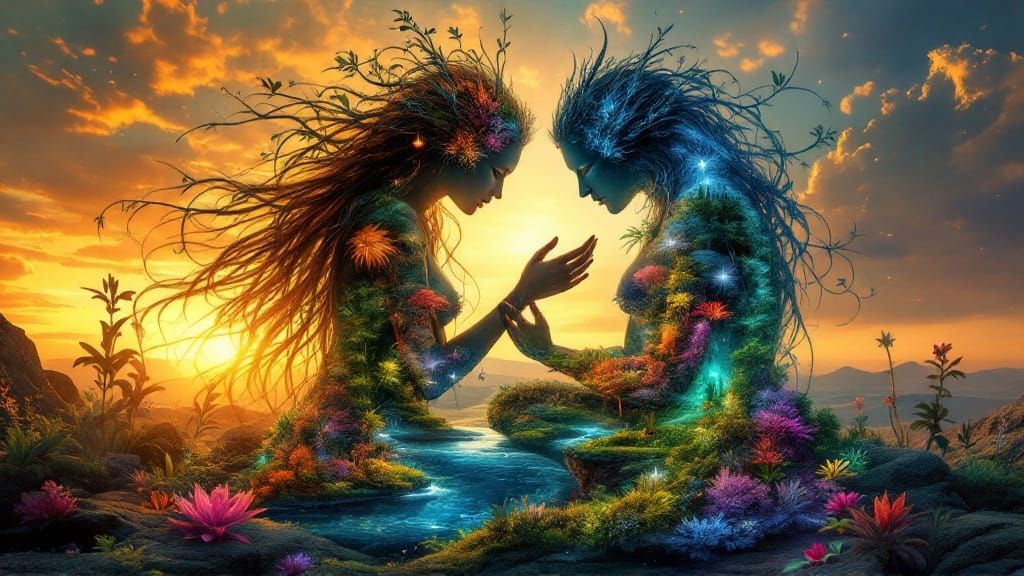 Mystical Collage Sunset with Mythic Figures